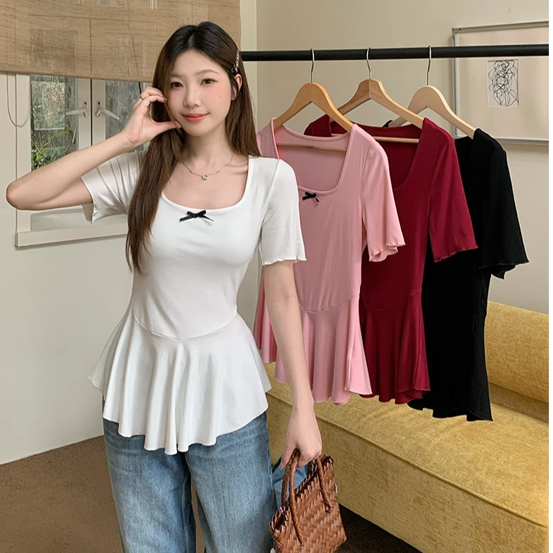 Q2025新款胖mm大码女法式方领立体蝴蝶结鱼尾显瘦短袖T恤A1179