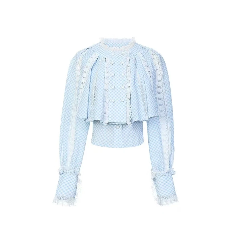 LeFame/拉飞姆2025春花边装饰假两件格子衬衫上衣LF25C61SB186