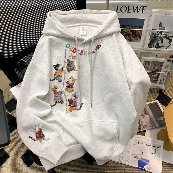 重磅500克纯棉连帽卫衣加绒加厚高级感猫咪仿刺绣印花工艺上衣ins