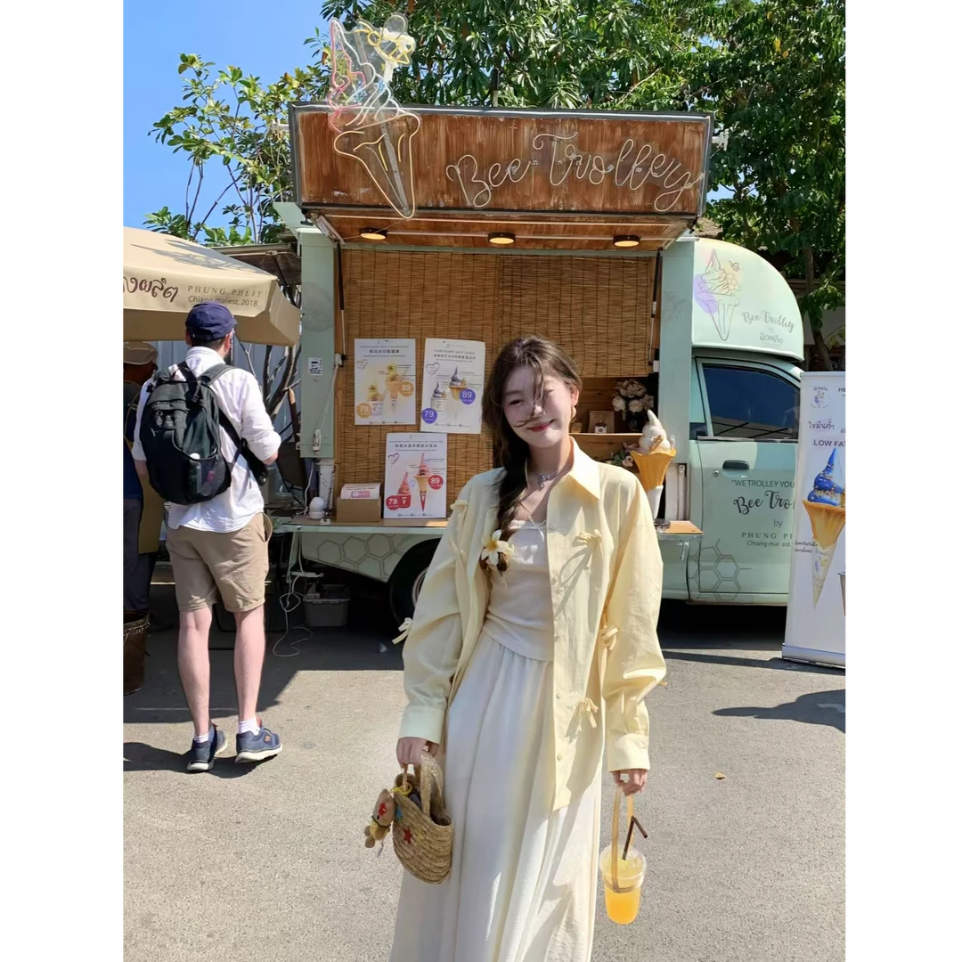 高级感蝴蝶结设计感黄色长袖衬衫外套女春季新款宽松独特漂亮上衣