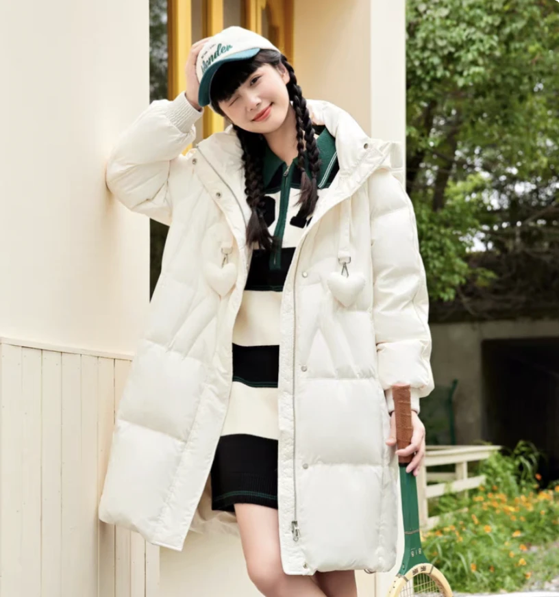 A1364高档纯色长款宽松白鸭外套时尚女装爱心冬季保暖羽绒外套女