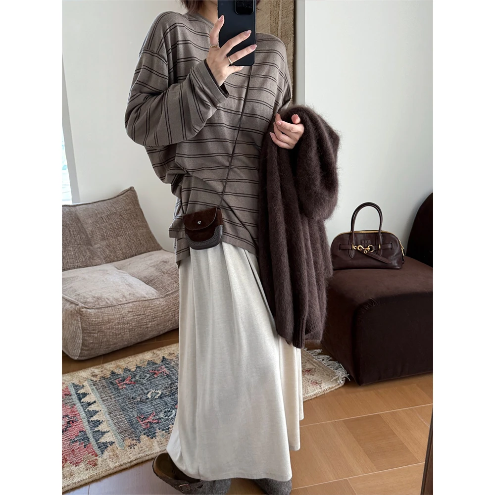 【唐悠悠mgdm】亲肤超细羊毛复古条纹圆领针织上衣女秋T恤打底衫