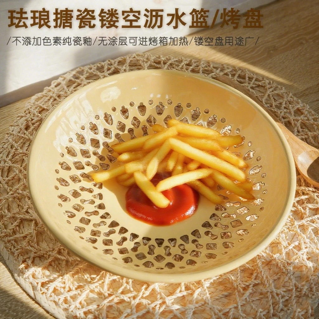 搪瓷沥水滤油篮日式水果篮镂空水果盘日式防潮面包薯条托盘烤盘
