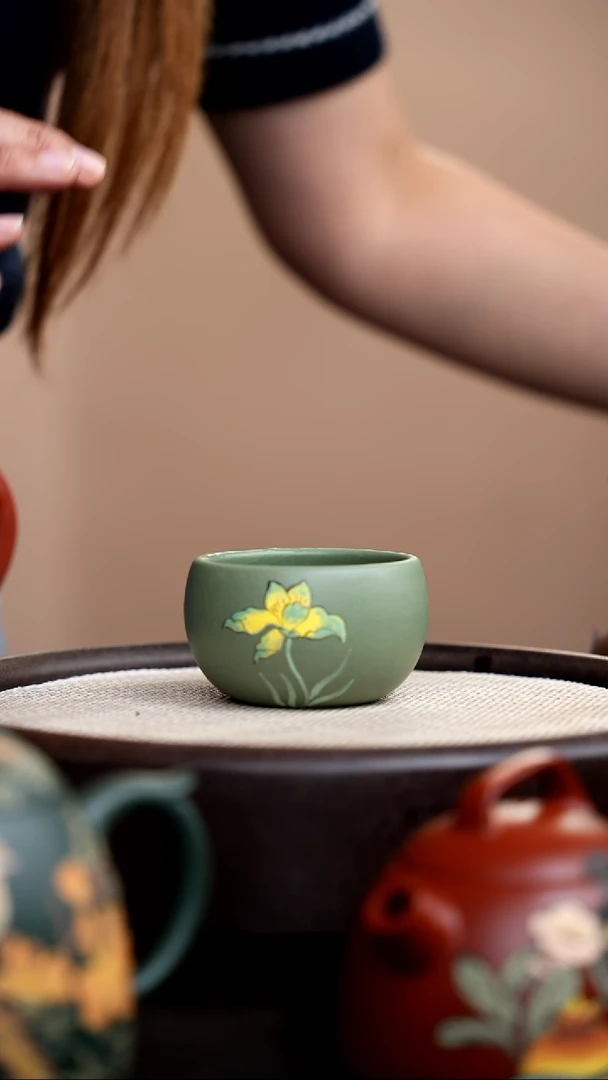 茶壶紫砂豆青砂主人杯泥绘黄花
