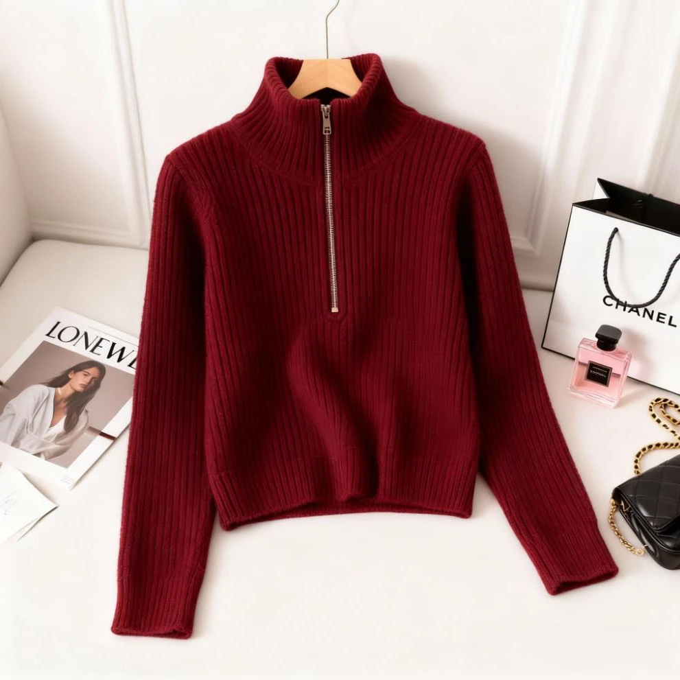 韩里韩气独特氛围感圣诞穿搭2025冬装新款慵懒感立领红色针织衫女