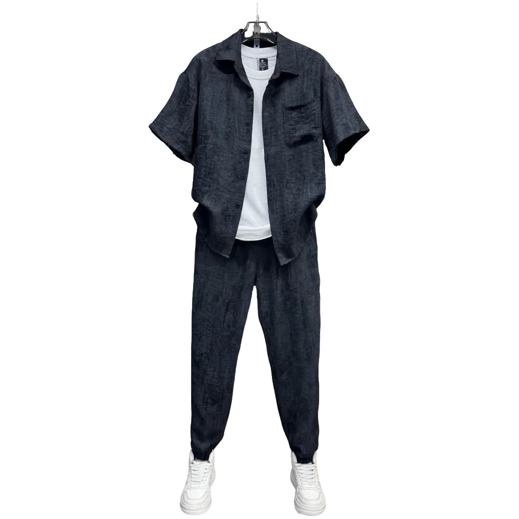 欧美夏季新款舒适短袖衬衫套装男士高端轻奢薄款上衣裤子两件套男