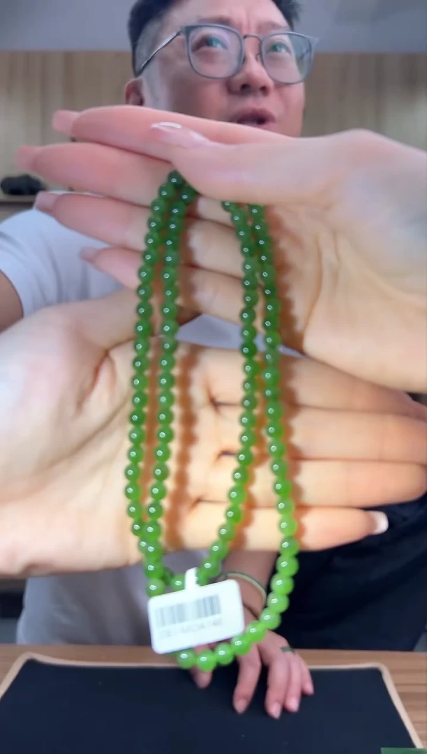 项链银S925镶嵌和田玉和田玉5.5mm+碧玉阳绿色项链