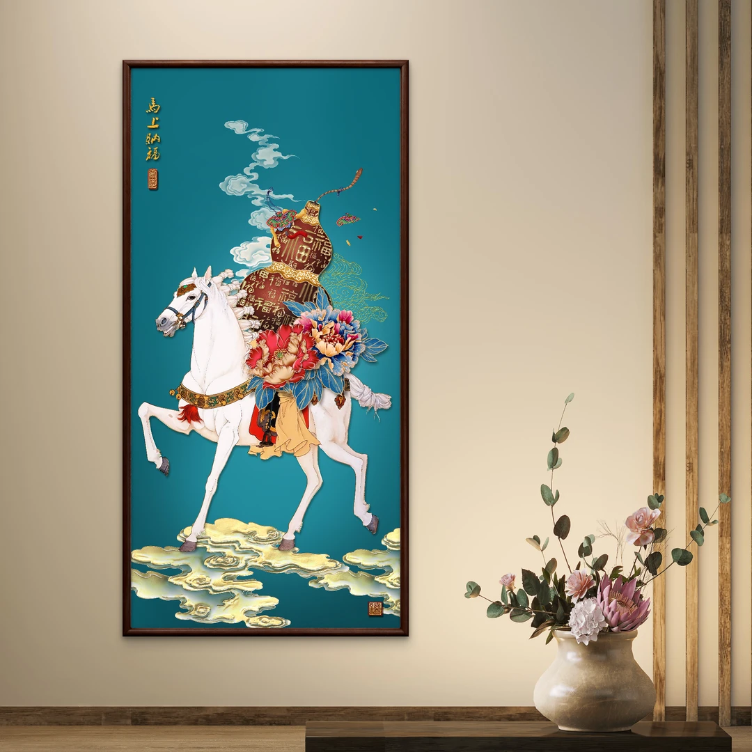 9026-55*110马上纳福蓝色中式装饰画实木框玄关书房茶室客厅挂画