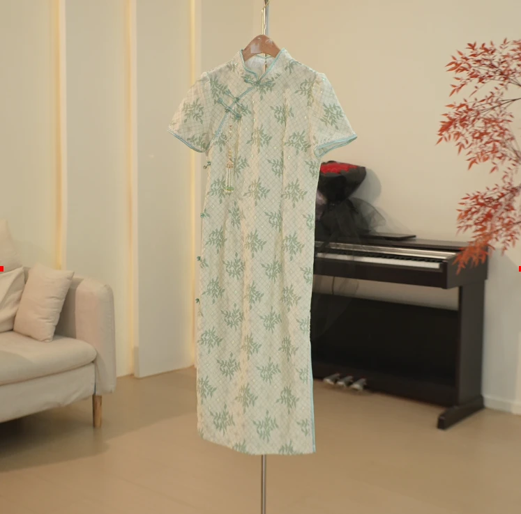 C197 ML系列亮丝提花纹长款国风改良式旗袍连衣裙