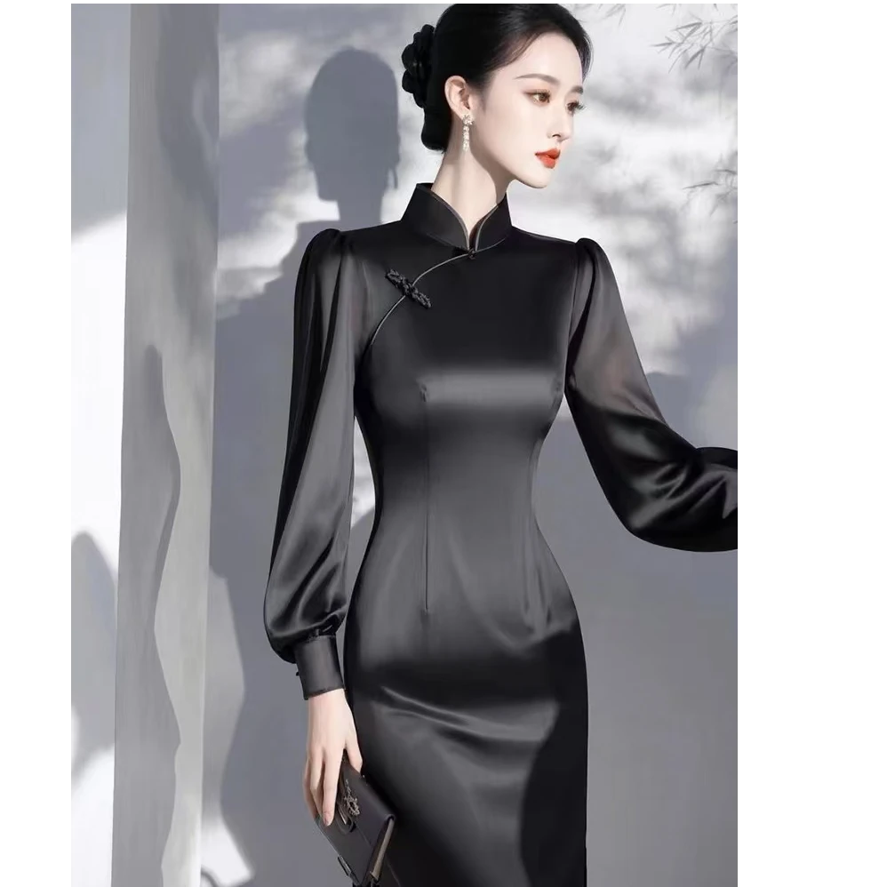 新中式国风改良旗袍新款大气女神范轻奢高级感黑色盘扣连衣裙春季