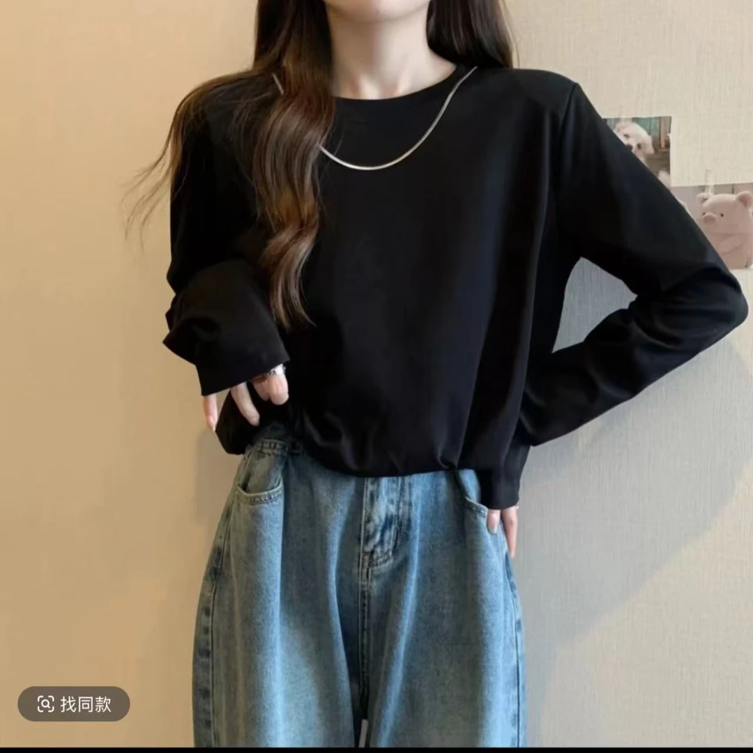 【慕妍专属】3083（衣长48） 韩版宽松圆领纯色百搭短款设计感上衣