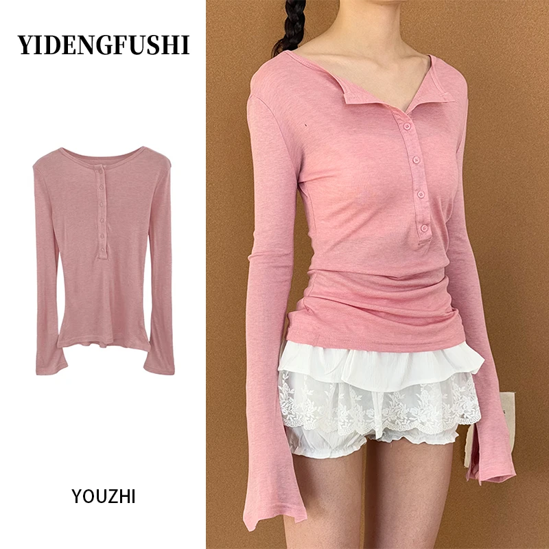 韩系半开领排扣设计透气修身显瘦喇叭长袖T恤女防晒时尚修身上衣