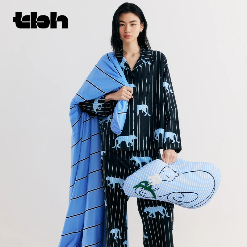 tbh野兽派家居欧若风天丝棉条纹高档家居服套装早春睡衣女款dr