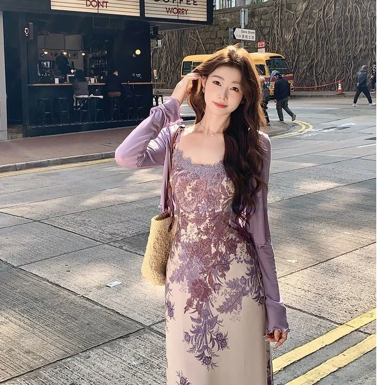 新中式国风EIA一尧【紫藤花开】纯欲法式气质复古连衣裙女夏+开衫