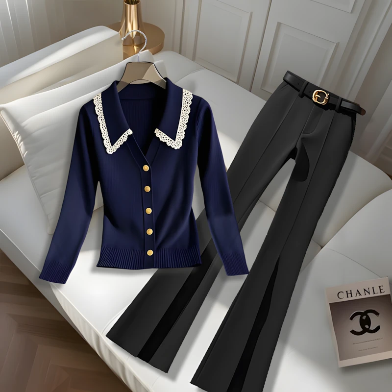 早秋穿搭衣服一套纯欲蓝色蕾丝花边针织衫长袖上衣高腰直筒喇叭裤