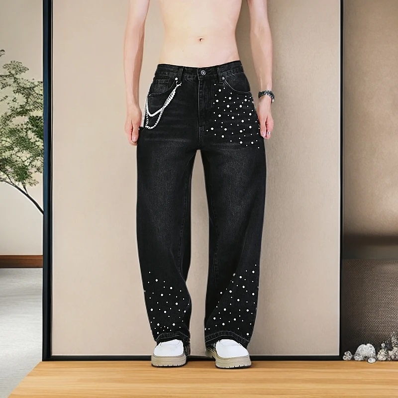 2025春夏走秀款镶嵌高街宽松直筒潮流时尚男女牛仔裤轻奢痞帅男装