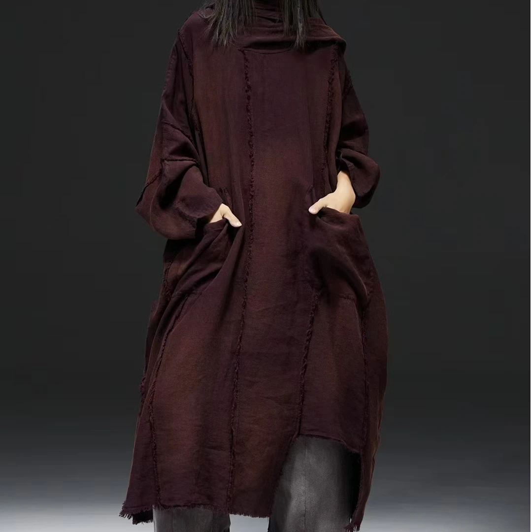 原创麻依者亚麻拼接做旧设计款长袍2025春M-042【新款】