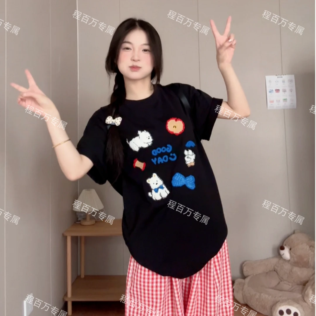 可爱宽松卡通贴布绣纯棉短袖T恤女百搭2025夏季新款上衣#MJ0149