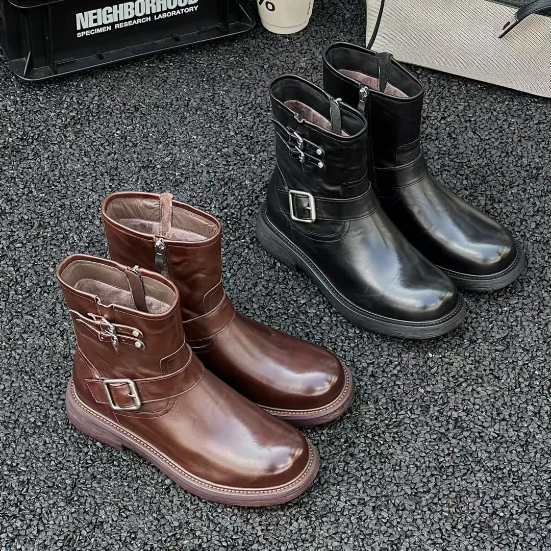 1218-21 圆头女靴平底冬高帮短靴靴潮流百搭时装靴 LBR 45071