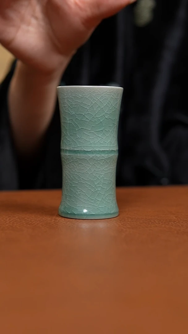 瓷片仿古翡翠绿釉竹息杯微瑕