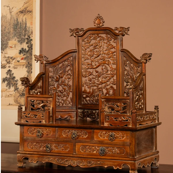 清代 黄花梨透雕龙凤纹五屏风式镜台古董中式桌面海黄摆件镜架