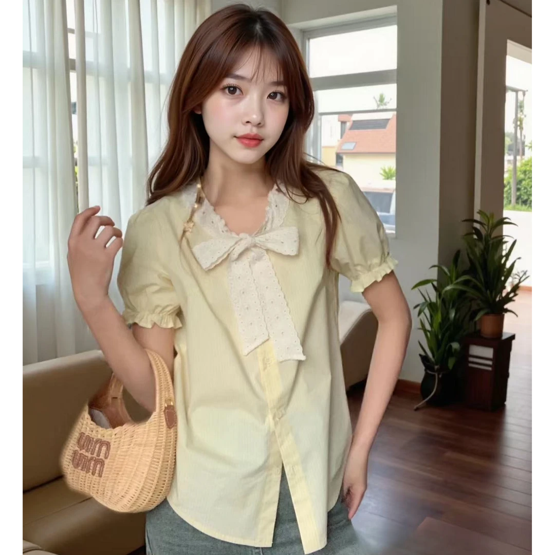 刺绣织带领法式条纹衬衫女夏季2025新款设计感小众甜美女衬衣