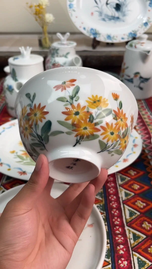 摆件景德镇手工手绘高温油下高白泥陶瓷菊花面碗