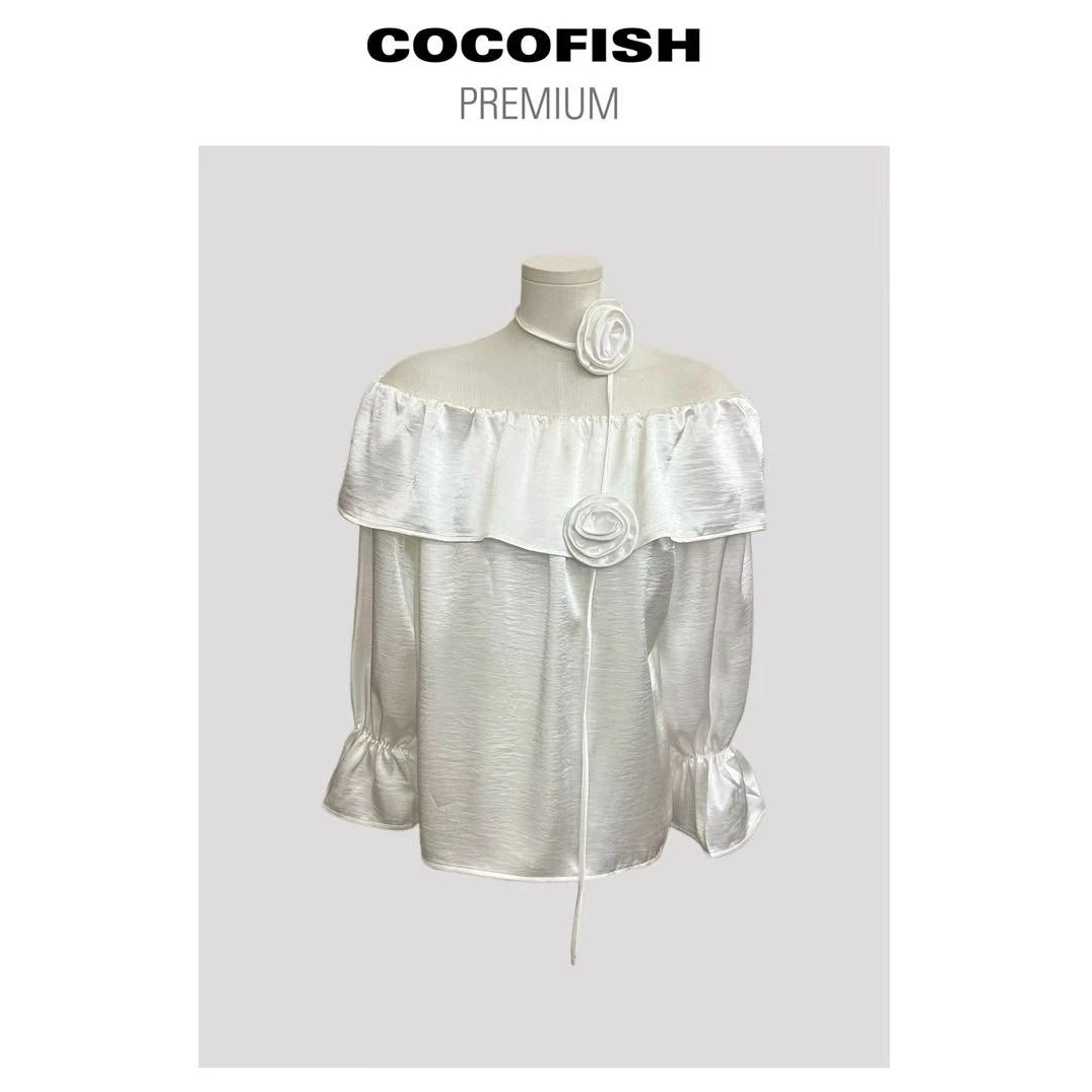 法式气质立体花朵一字肩衬衫甜美减龄小衫#2101