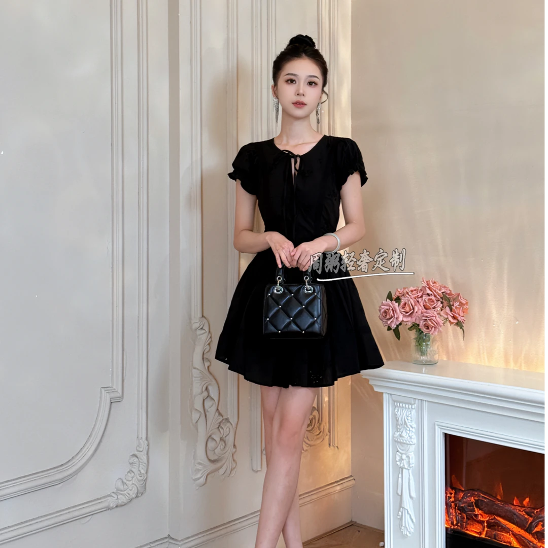 【周粥定制】国内设计师品牌 黑色显瘦气质轻奢夏季连衣裙61666
