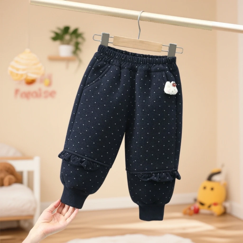 女童加绒裤子冬季外穿洋气波点长裤宝宝加厚羊羔绒裤女小童棉裤潮