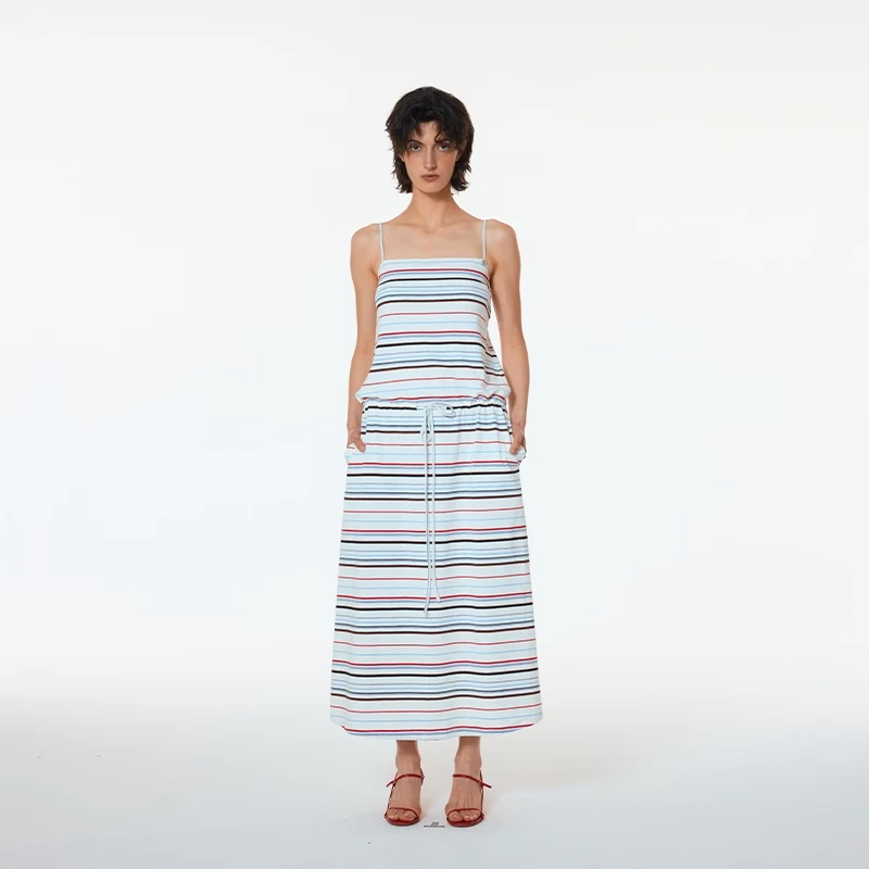 UHOOWU 25春夏新款长款条纹吊带抽绳针织连衣裙