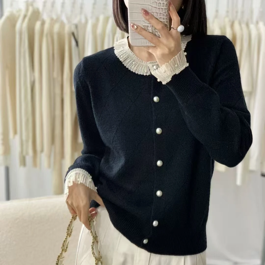 【专柜品质】时尚洋气减龄花边圆领针织开衫显瘦女装打底外穿毛衣22