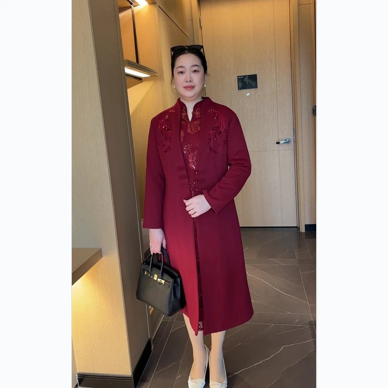 喜婆婆婚宴装加绒加厚旗袍结婚礼服妈妈秋冬装大码连衣裙两件套新