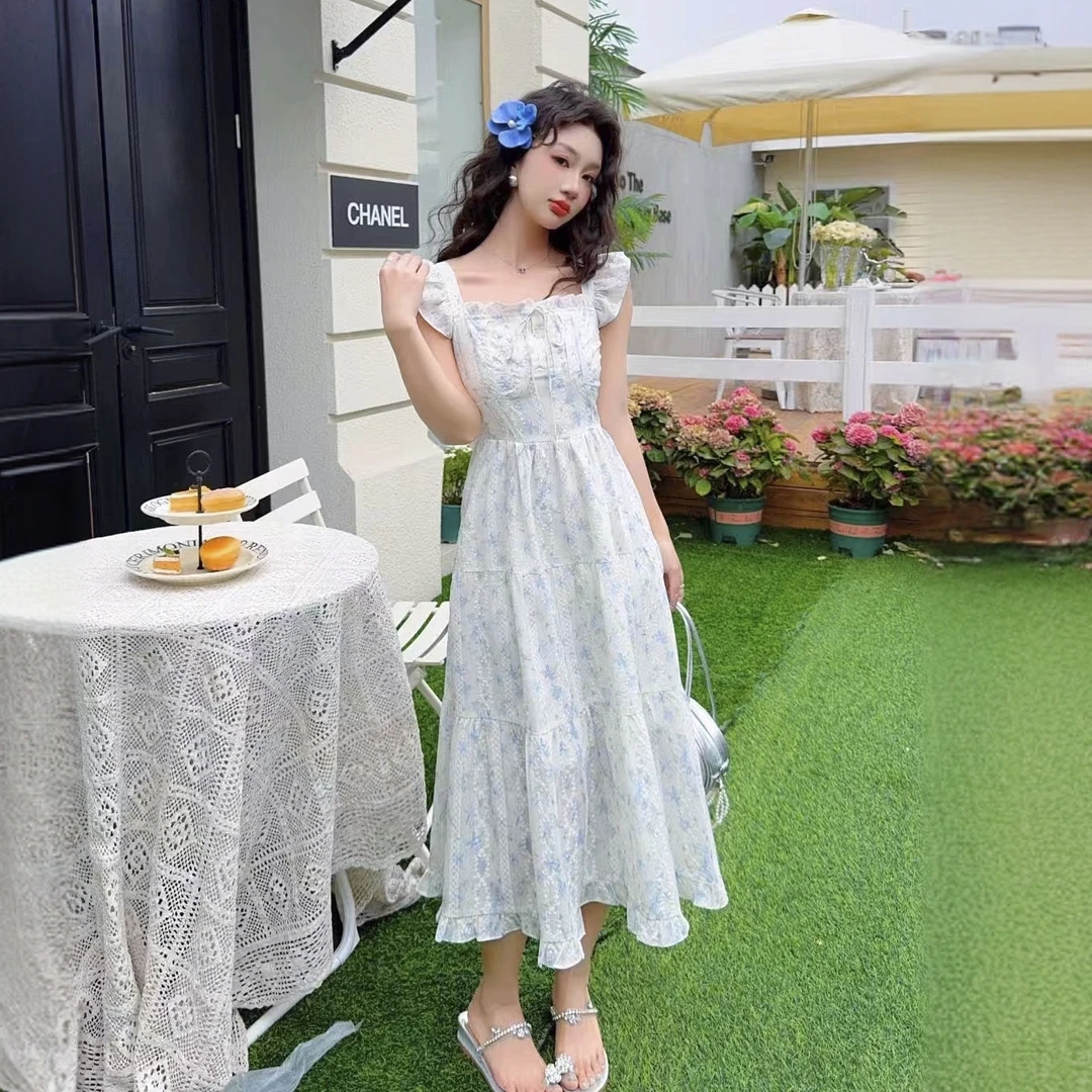 【夏季新款】温柔风提花飞飞袖通勤碎花连衣裙收腰显瘦气质长裙