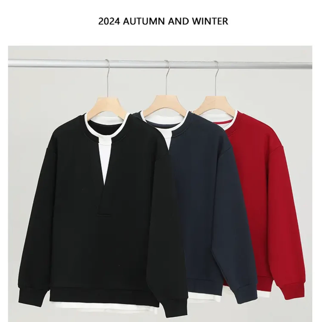 【秋季新品】假两件设计款长袖V领红卫衣打底男女同款休闲慵懒上衣