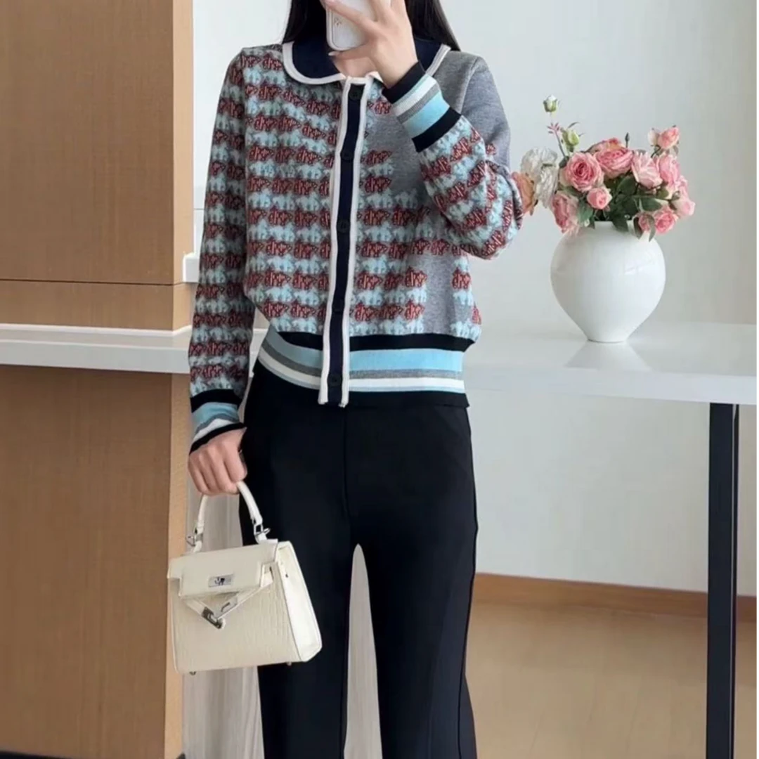 韩系设计感撞色减龄长袖针织开衫H8943