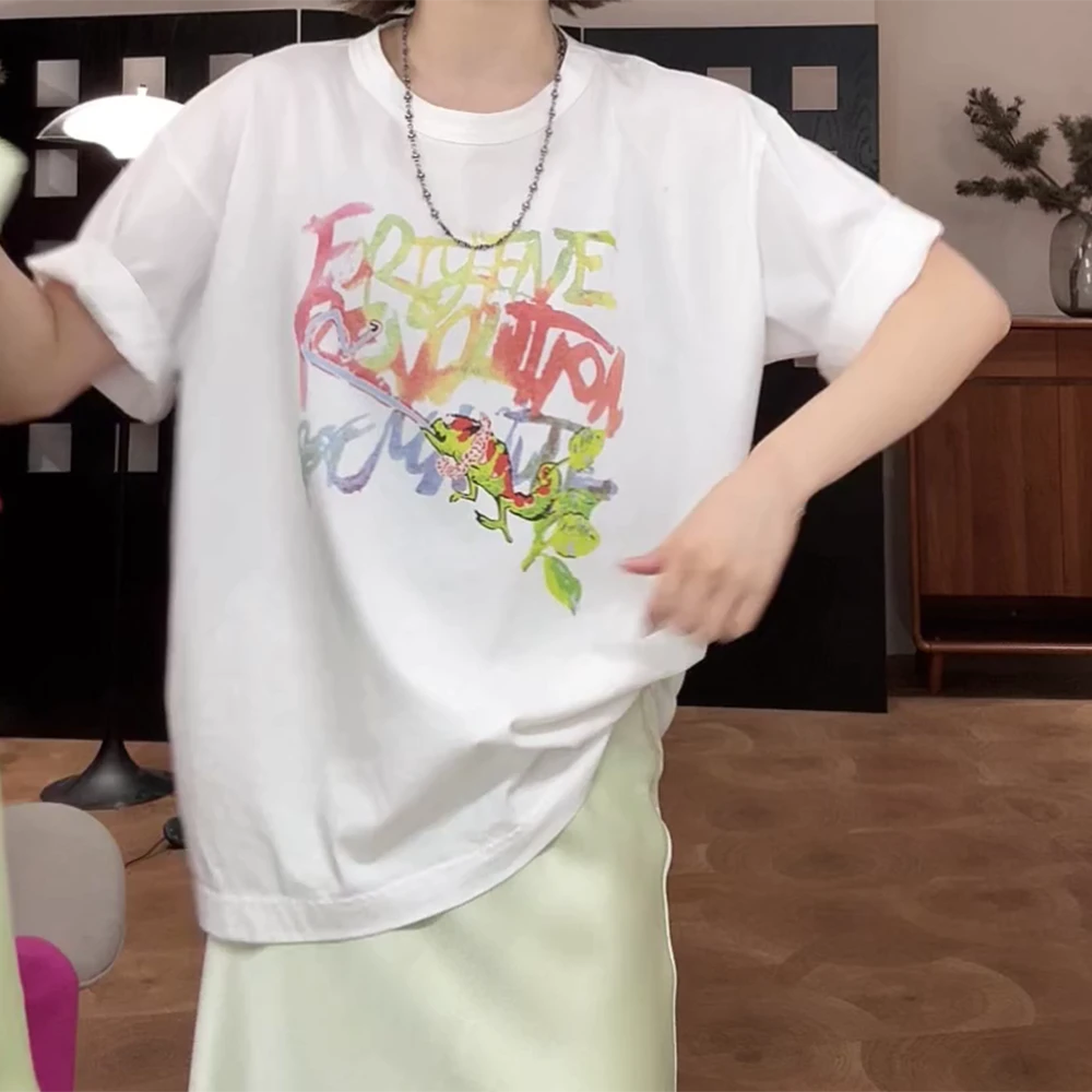 “彩变色龙”棉质彩印花舒适慵懒感圆领T恤C5549