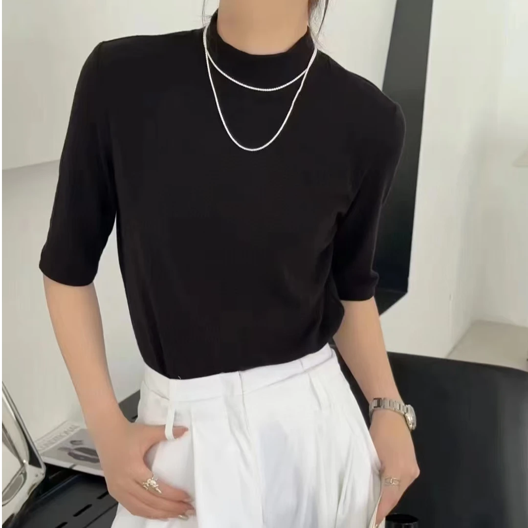 濮院2025新款中袖小立领基础打底衫T恤显瘦百搭高领时尚针织8236
