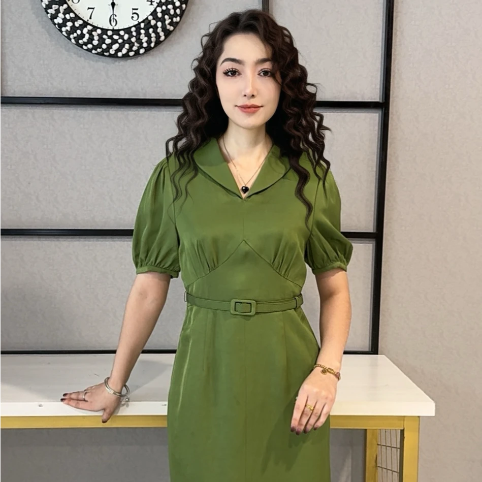 220931 SEHRAN 时尚连衣裙气质显瘦绿色夏季泡泡袖翻领