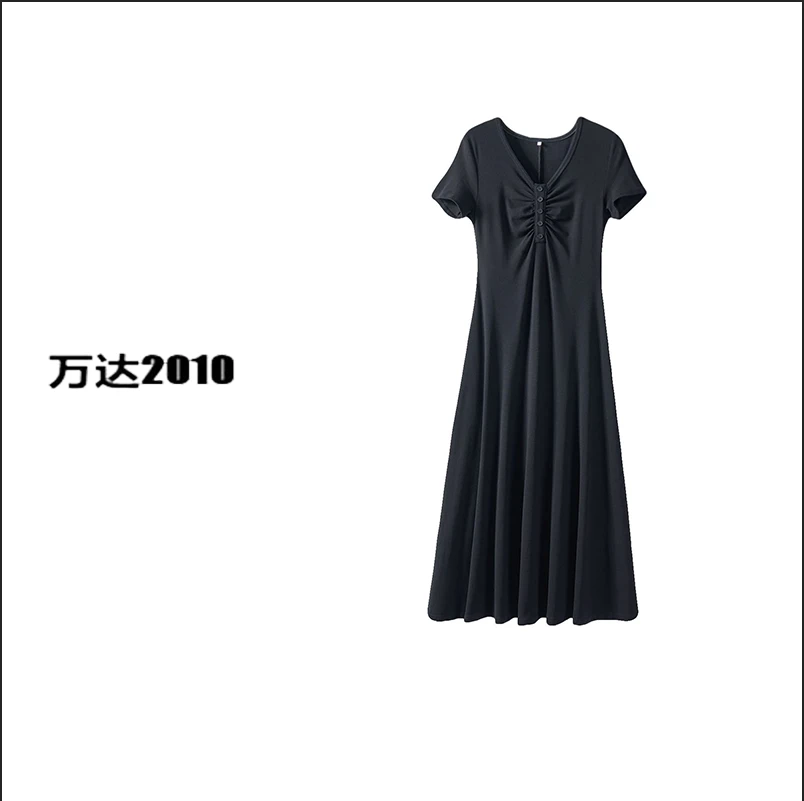 【万达2010】轻奢V领连衣裙黑色夏季修身简约V领小黑裙短袖2130