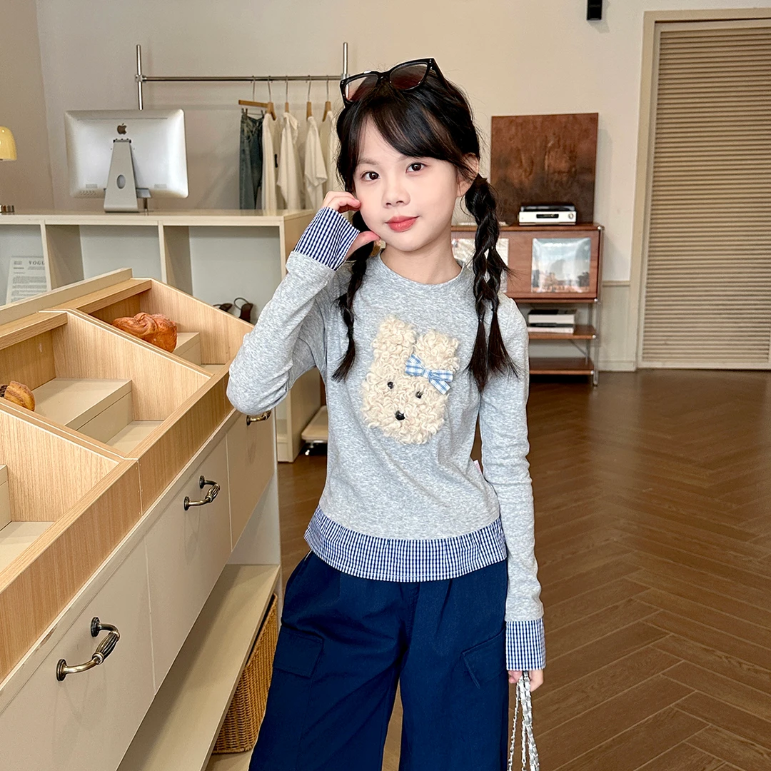 现货【毛绒小狗T】7705女童T恤2025秋季新款上衣百搭女宝宝打底衫