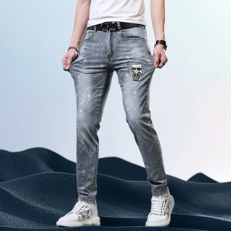 巴赛娜缇夏季薄款烫钻印花男士牛仔裤修身小脚潮牌弹力休闲长裤男