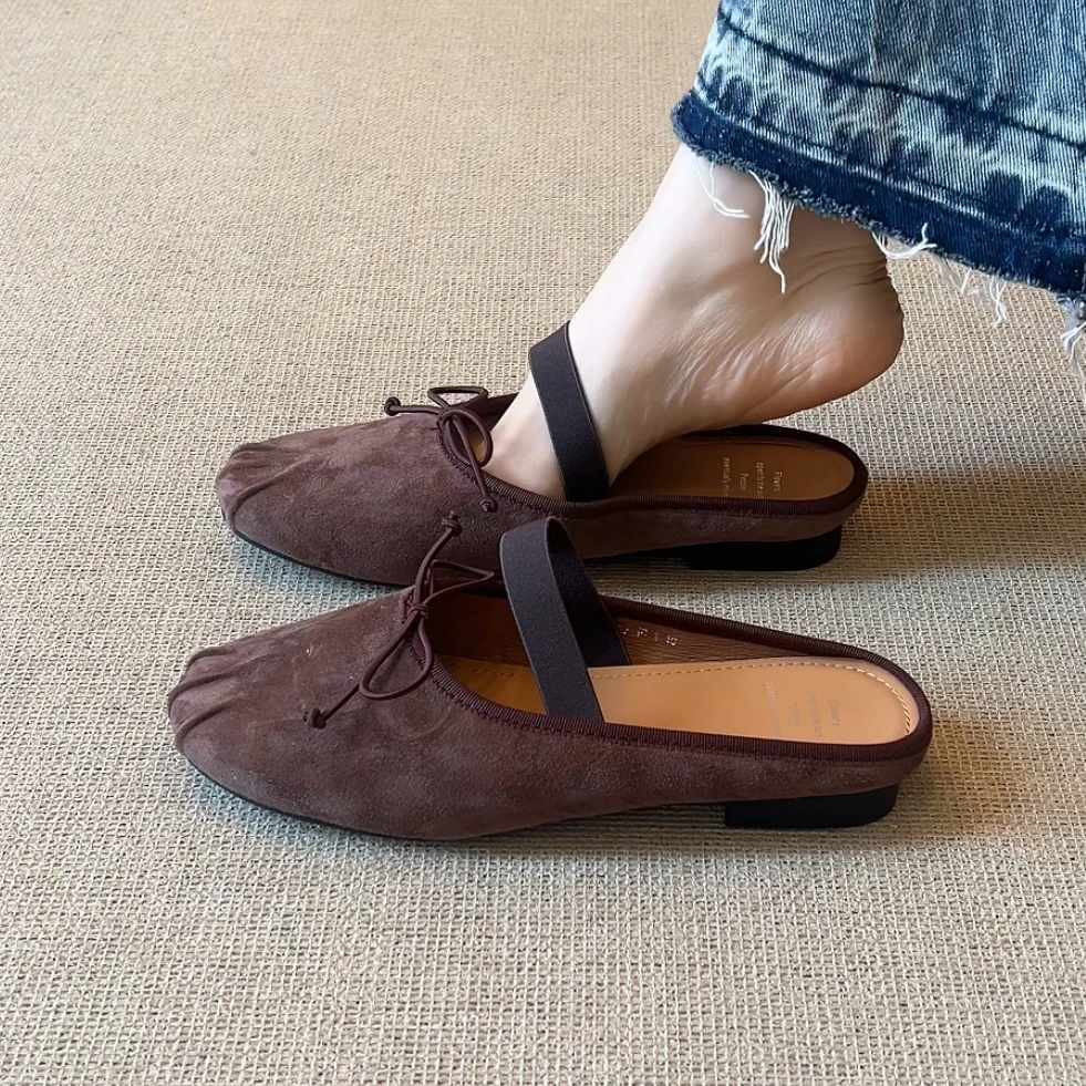 RubyL/2cm夏季韩版复古半拖软面舒适褶皱鞋头平底纯色包头拖鞋