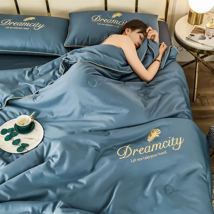 水星夏季严选可水洗刺绣水洗夏凉被空调被四件套凉感丝滑薄款纯色