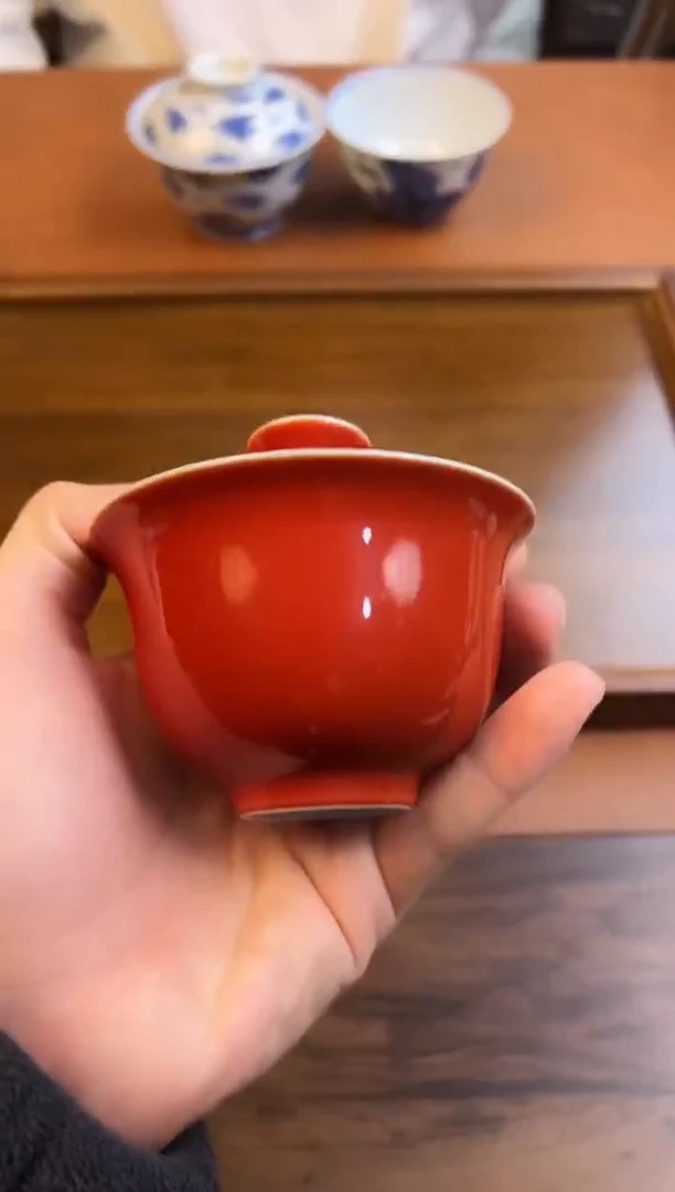 问青坊纯手工单色釉故宫红气窑二才盖碗/微瑕