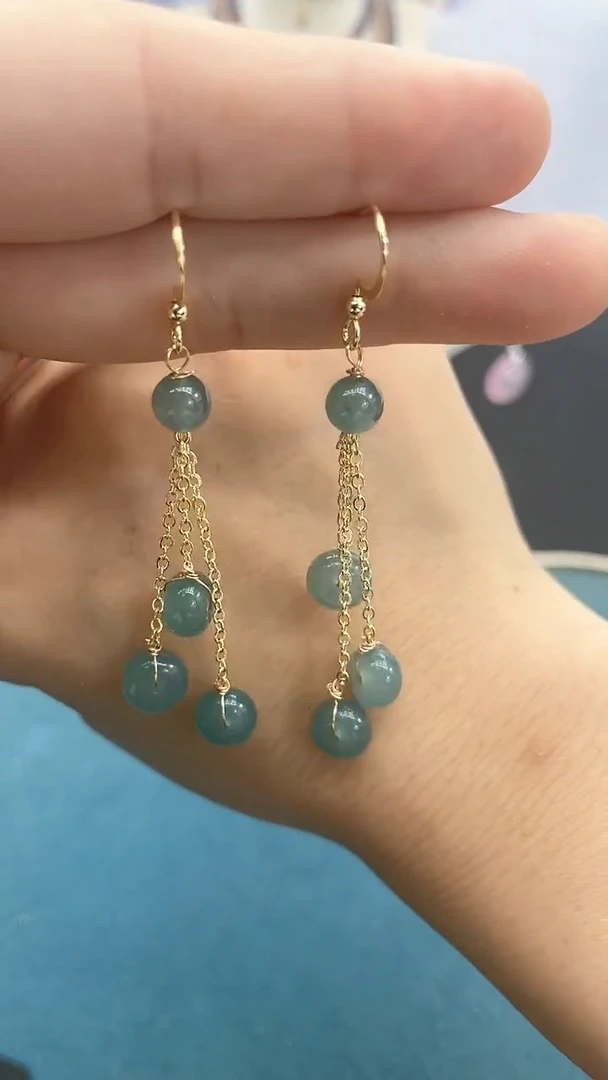 翡翠14K金镶嵌耳饰蓝水算盘流苏*新款