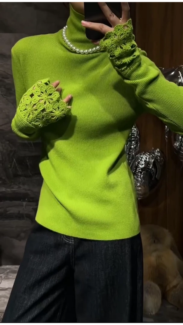 端庄大气绿色长袖毛衣女秋软糯高端精致时尚内搭打底针织衫上衣潮