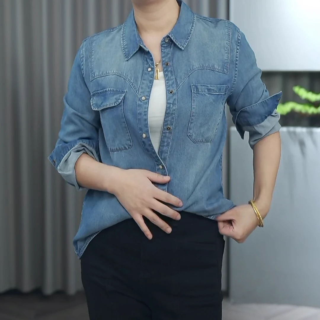 春秋莱赛尔纤维天丝牛仔衬衫女长袖宽松百搭水洗衬衣潮流8300