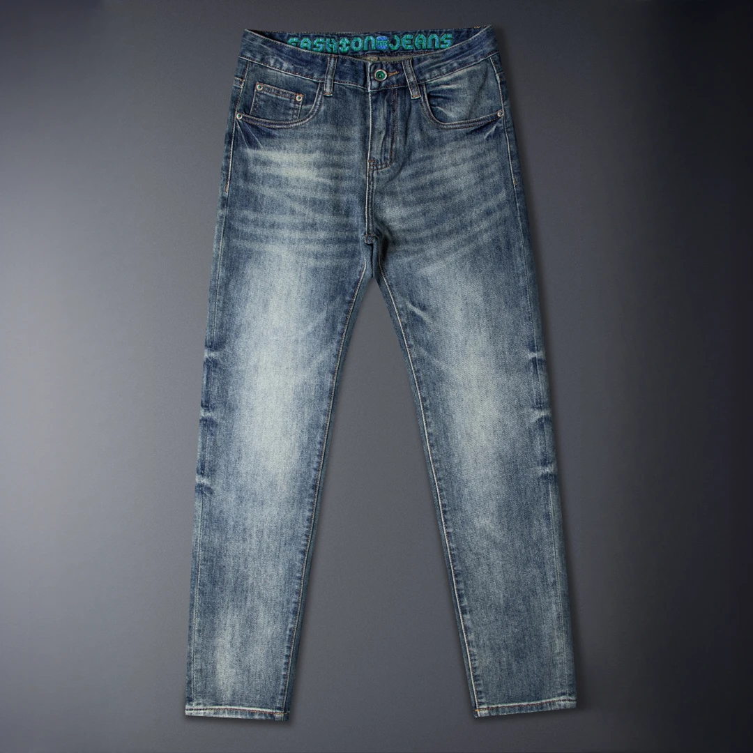 希敦纽勒欧货潮牌条纹浅色牛仔裤男修身小脚夏季百搭男士休闲长裤