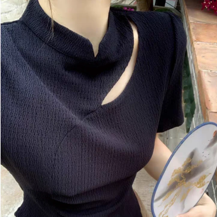 6075改良旗袍纯色新中式短款网红百搭洋气连衣裙S-2XL【D3】